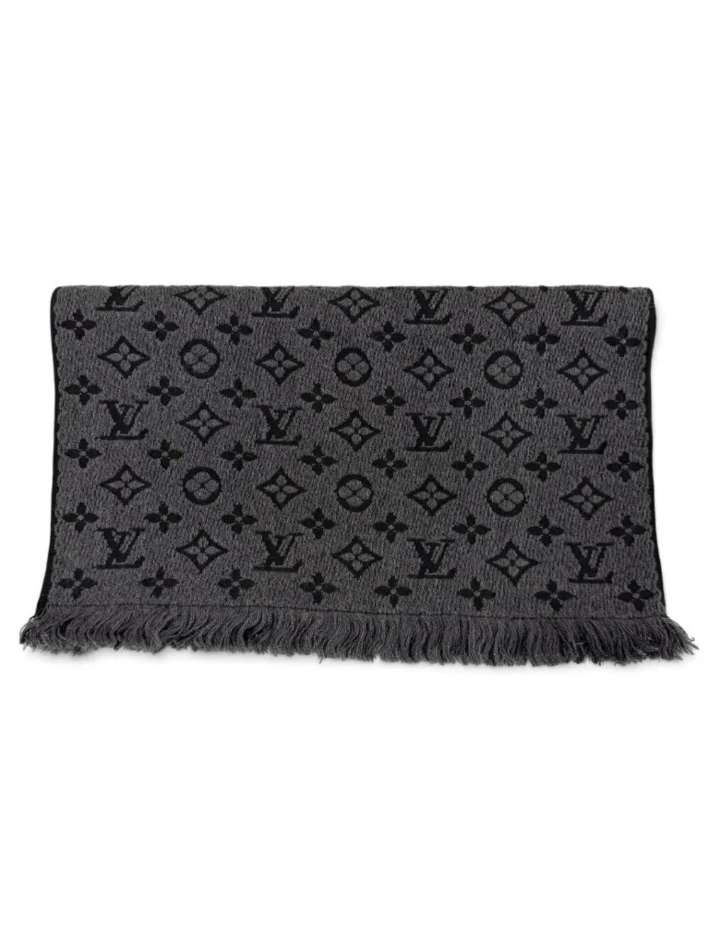 Louis Vuitton Wool 100% Monogram Classic Fringe Scarf Gray Black